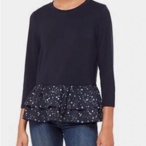 Kate Spade Broome Street Navy Blue Ruffled 3/4 Sleeve Shirt Size S EUC